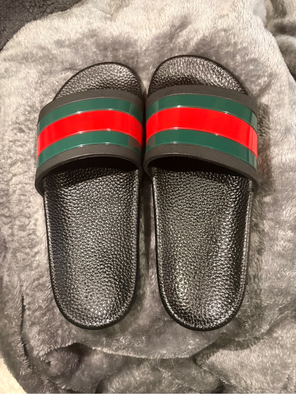 Gucci Black Slides with Green and Red Stripes